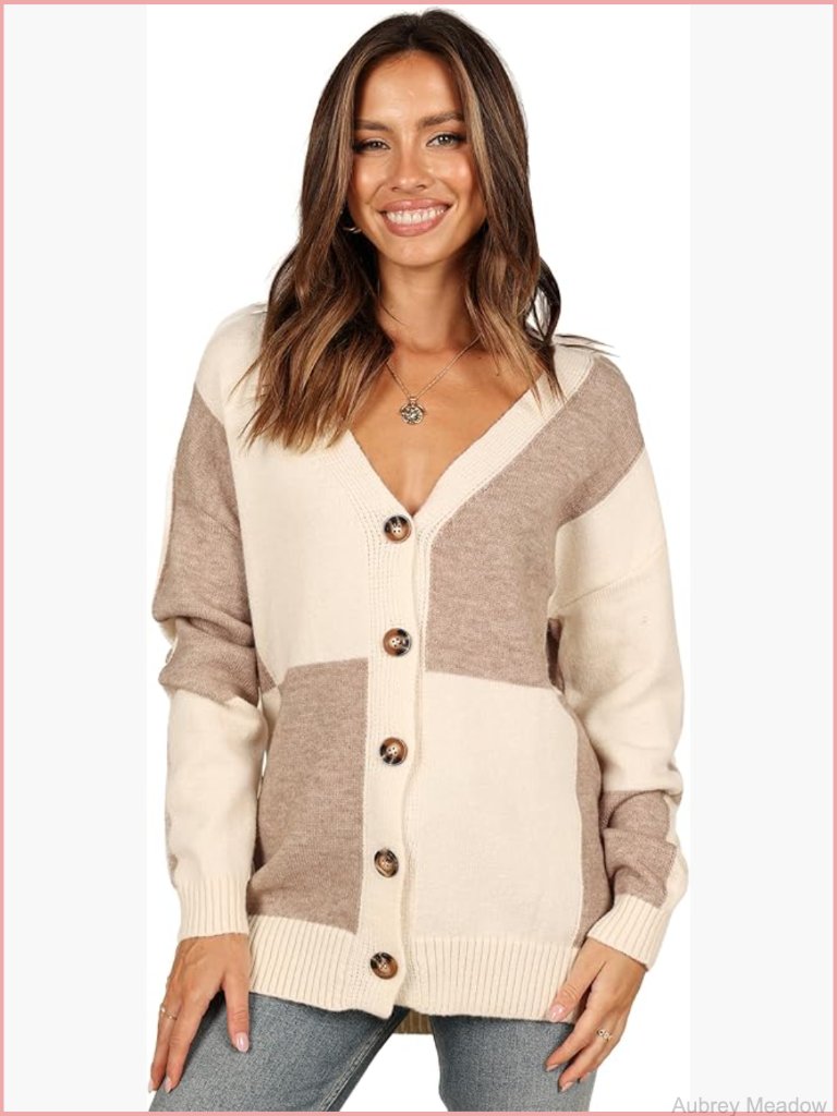 Women's Checkered V-Neck Cardigan - Soft Knit, Button Front, Long Sleeve